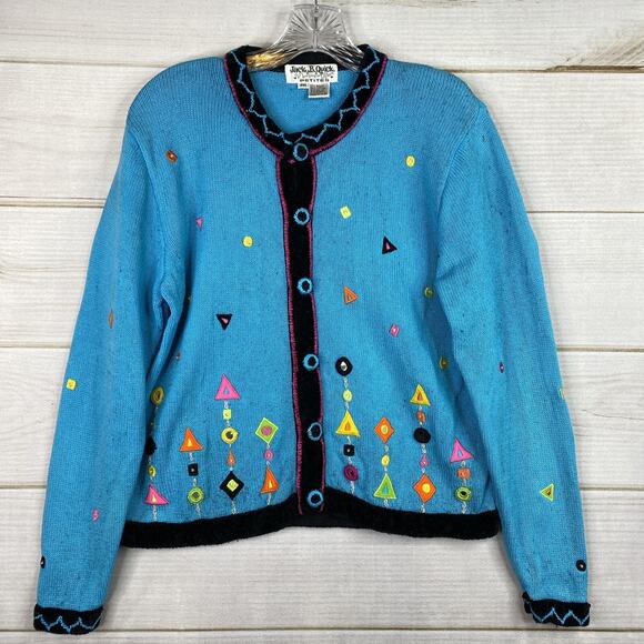 VTG 90s Jack B Quick Cardigan Sweater Womens Petite Medium PM Turquoise Sequins - Picture 1 of 12